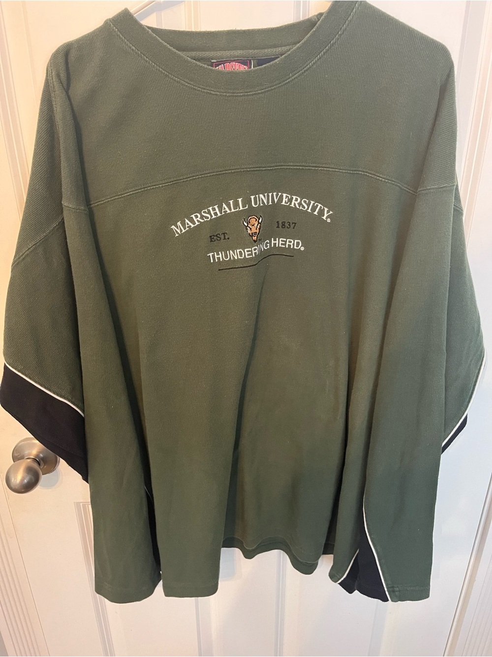 Varsity Olive Green Marshall University Long Sleeve Tee with Black Trim